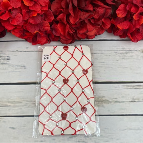 Sexy Red Fishnet Stockings with Hearts & Rhinestones - Picture 13 of 14